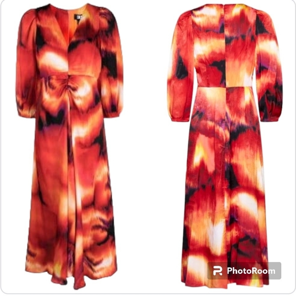 DKNY Printed Satin Midi Dress Red Orange Abstract Puff Sleeve L NWT - Picture 7 of 15
